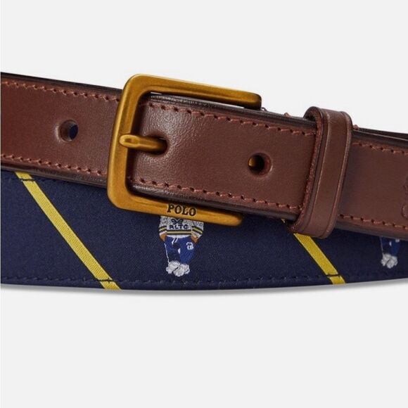 POLO RAPLH LAUREN Bear Logo Leather Trim Men’s Belt Sz 42 Newport Navy Blue NWT - Picture 2 of 7